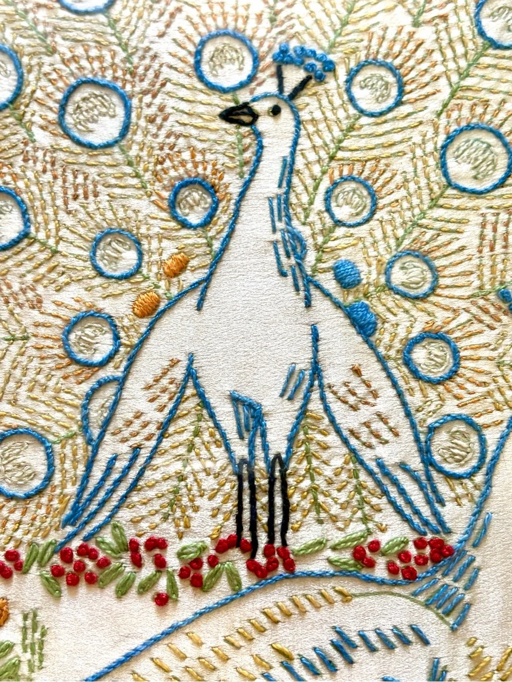 Vintage- Framed w/ Glass Embroidered Peacocks and florals
